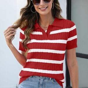 Women’s Short Sleeve Lightweight Cable Knit Sweater Top Red & White V-Neck Lape